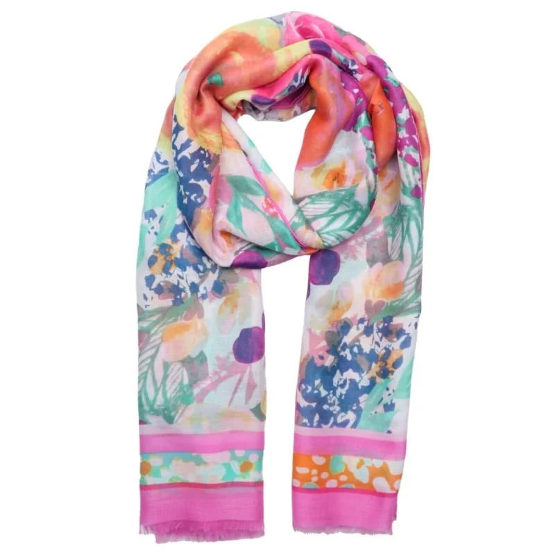 Polly Flowers With Double Border Scarf In pink