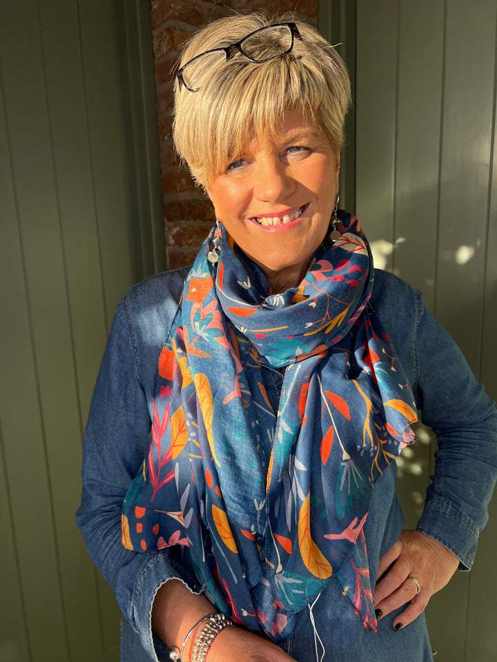 Sophie Fresh Foilage Scarf In Navy