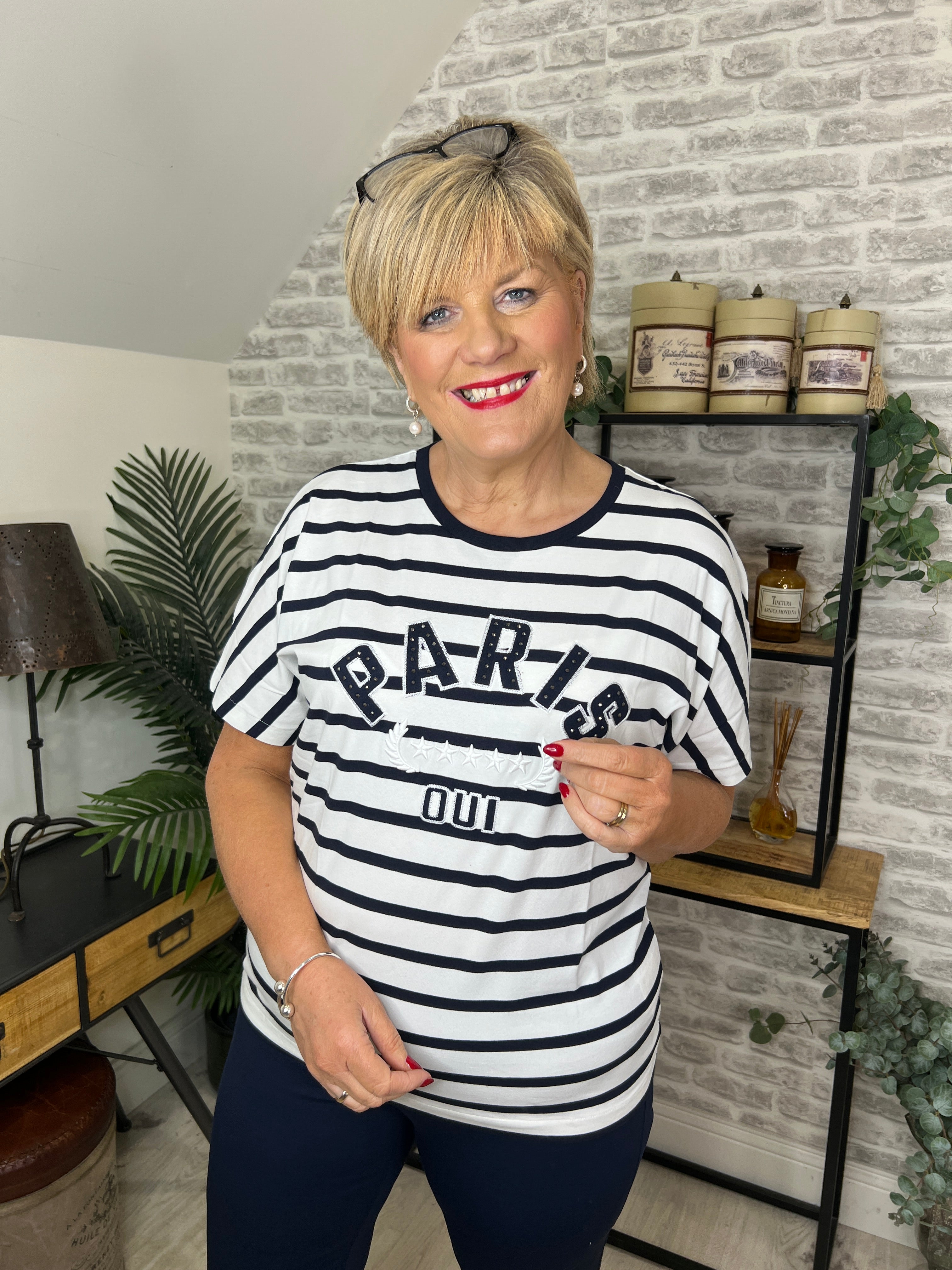 Oui Striped Decorative T-shirt In navy & White