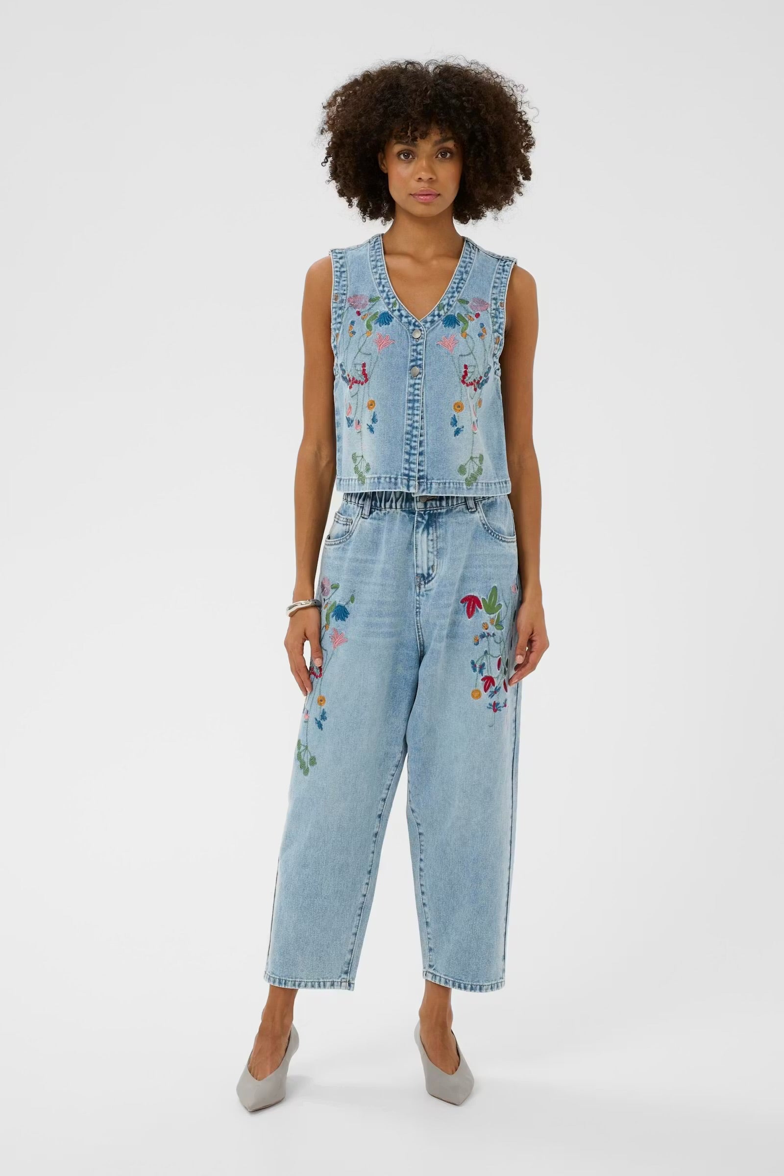 Culture Embroidery Waistcoat In Light Wash