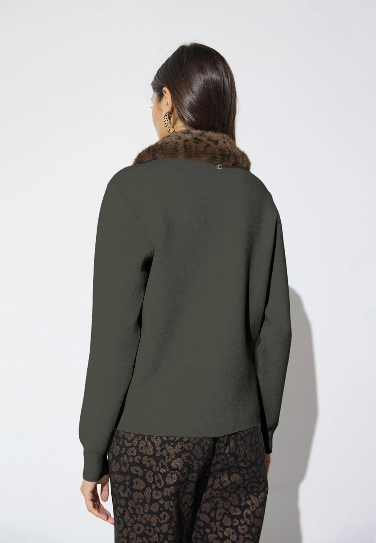 Leopard print knit jacket in khaki