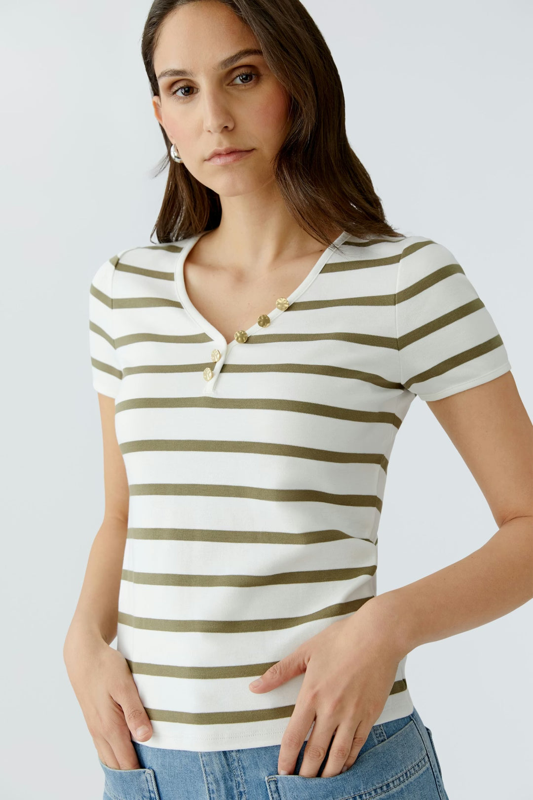 Oui Striped T-shirt In White & Khaki