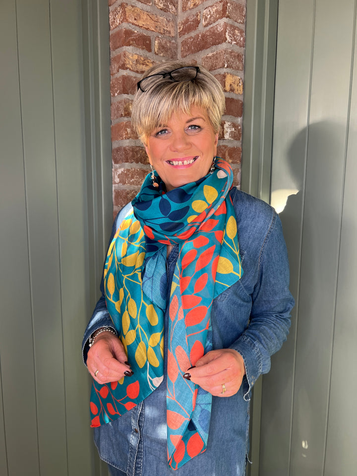 Sophie Leafy Branches Scarf In Turquoise