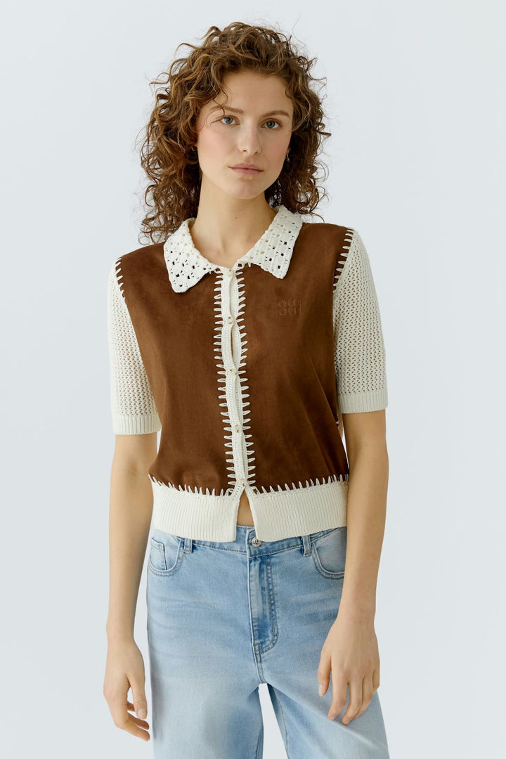 Oui Knit Jacket In White & Brown