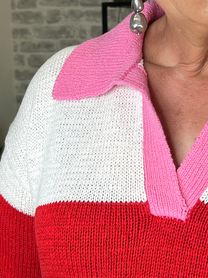 Oui Striped Pullover With Collar In Red & White