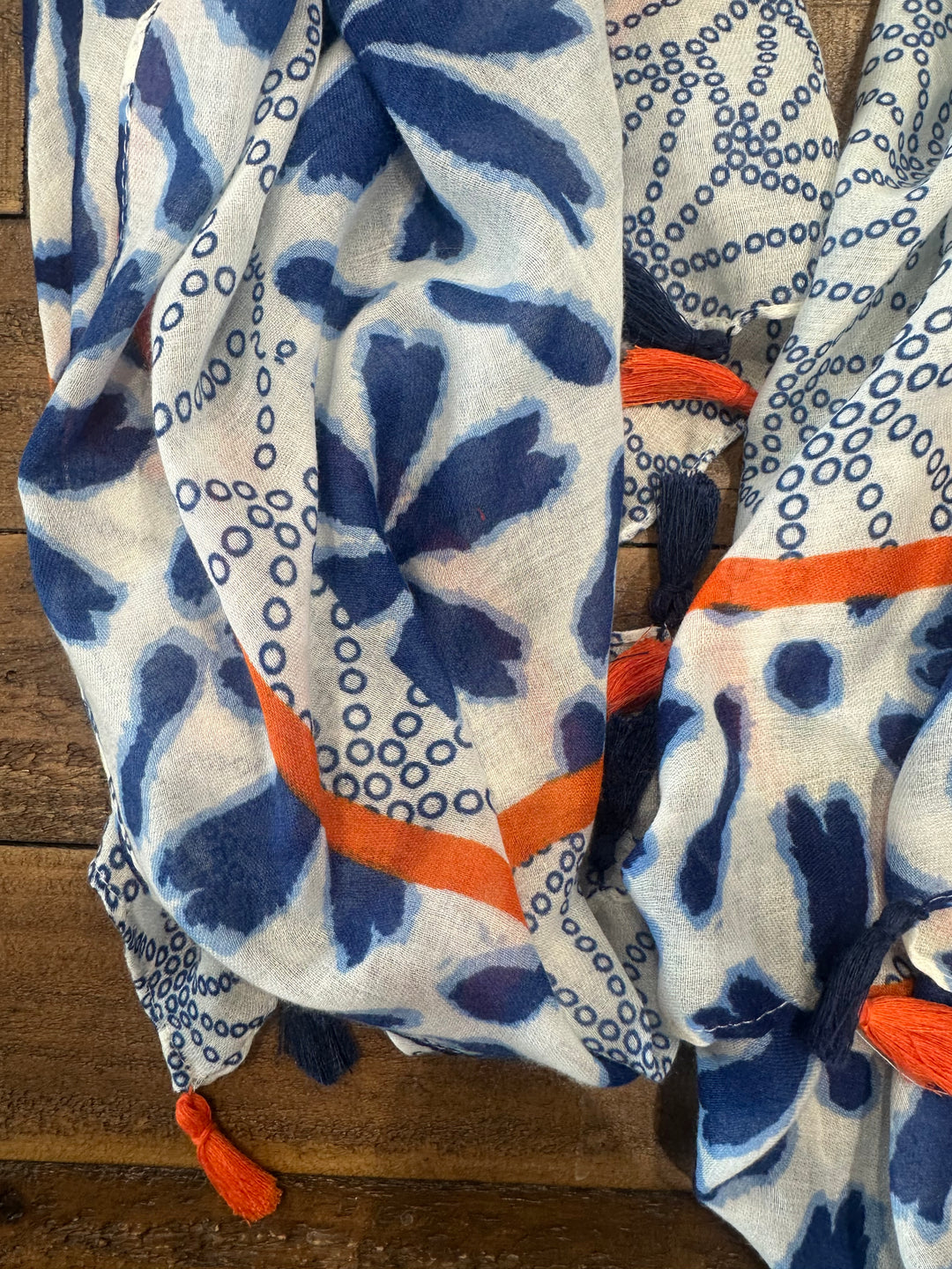 Olivia Tassel Leaves Scarf In Denim Blue