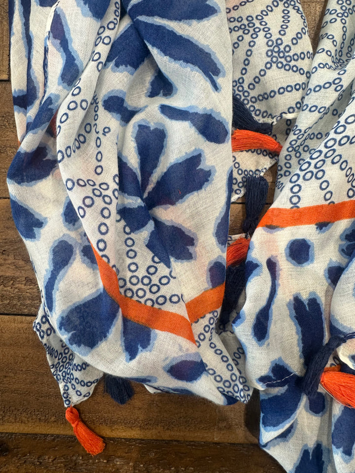 Olivia Tassel Leaves Scarf In Denim Blue