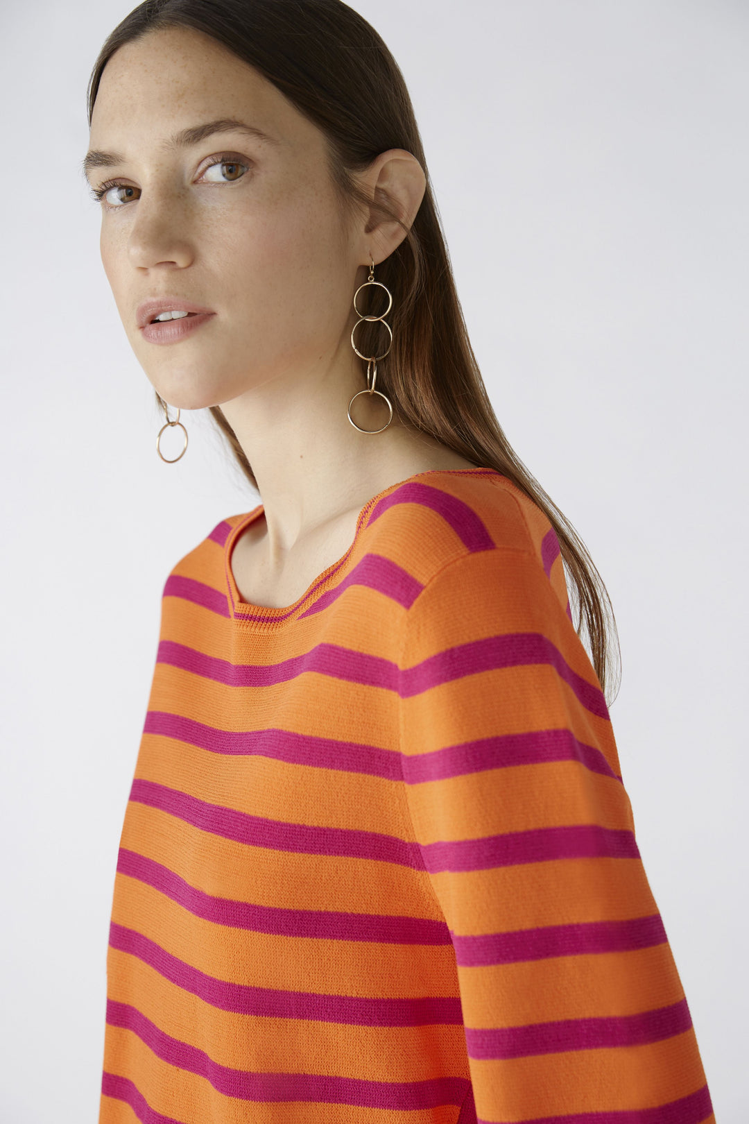 Oui Striped Knitted Pullover In Orange & Pink