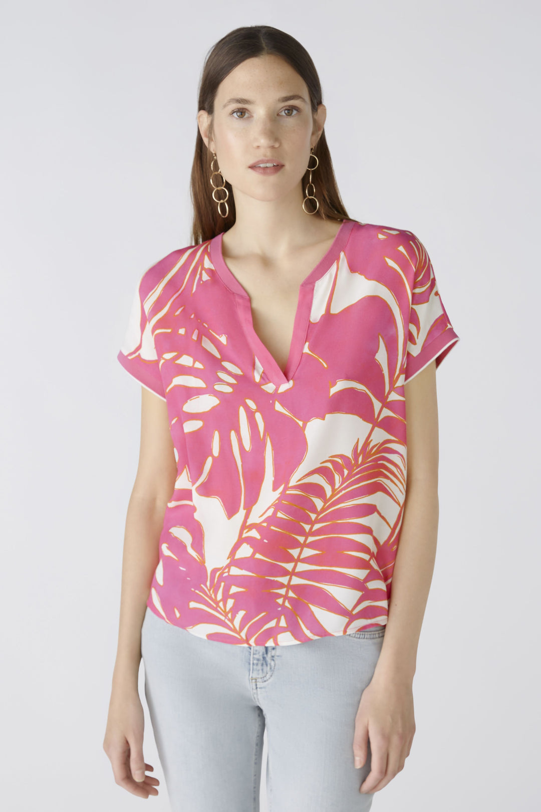 Oui Short Sleeve Floral Blouse In Pink & White