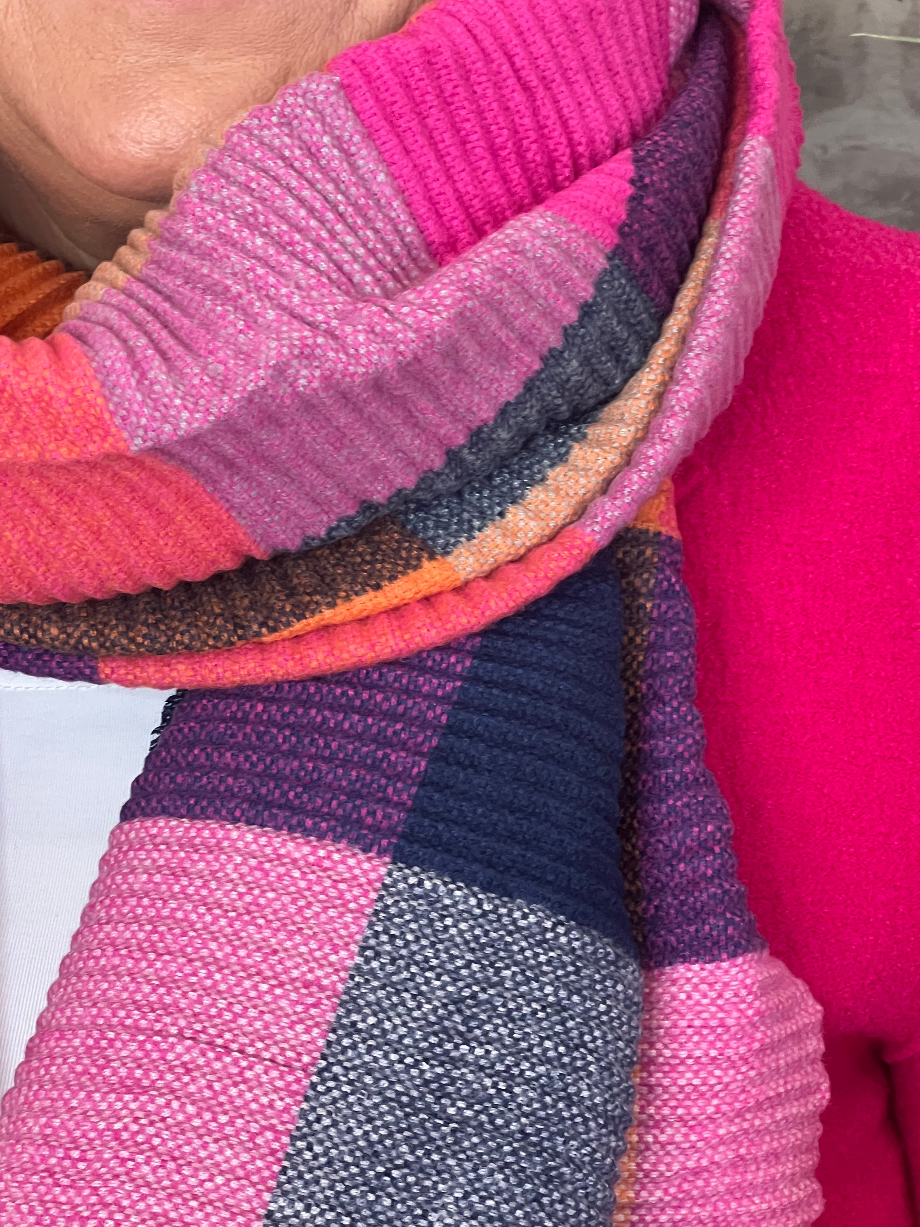 Elsa Checked Ribbed Scarf In Fuchsia Multi