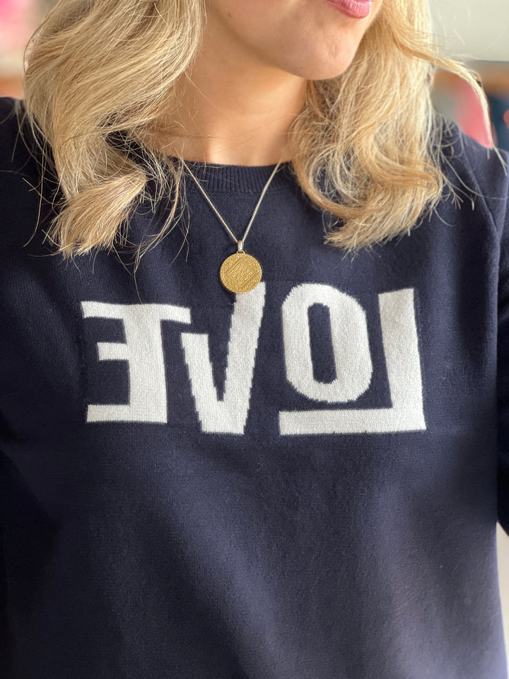 Milano Italy Love Print Pullover In Navy Multi