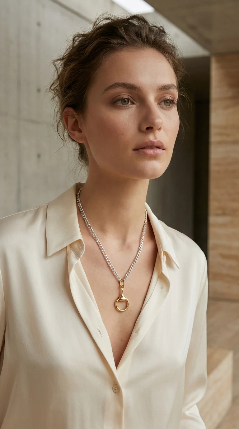 Short silver link necklace with gold horse bit pendant