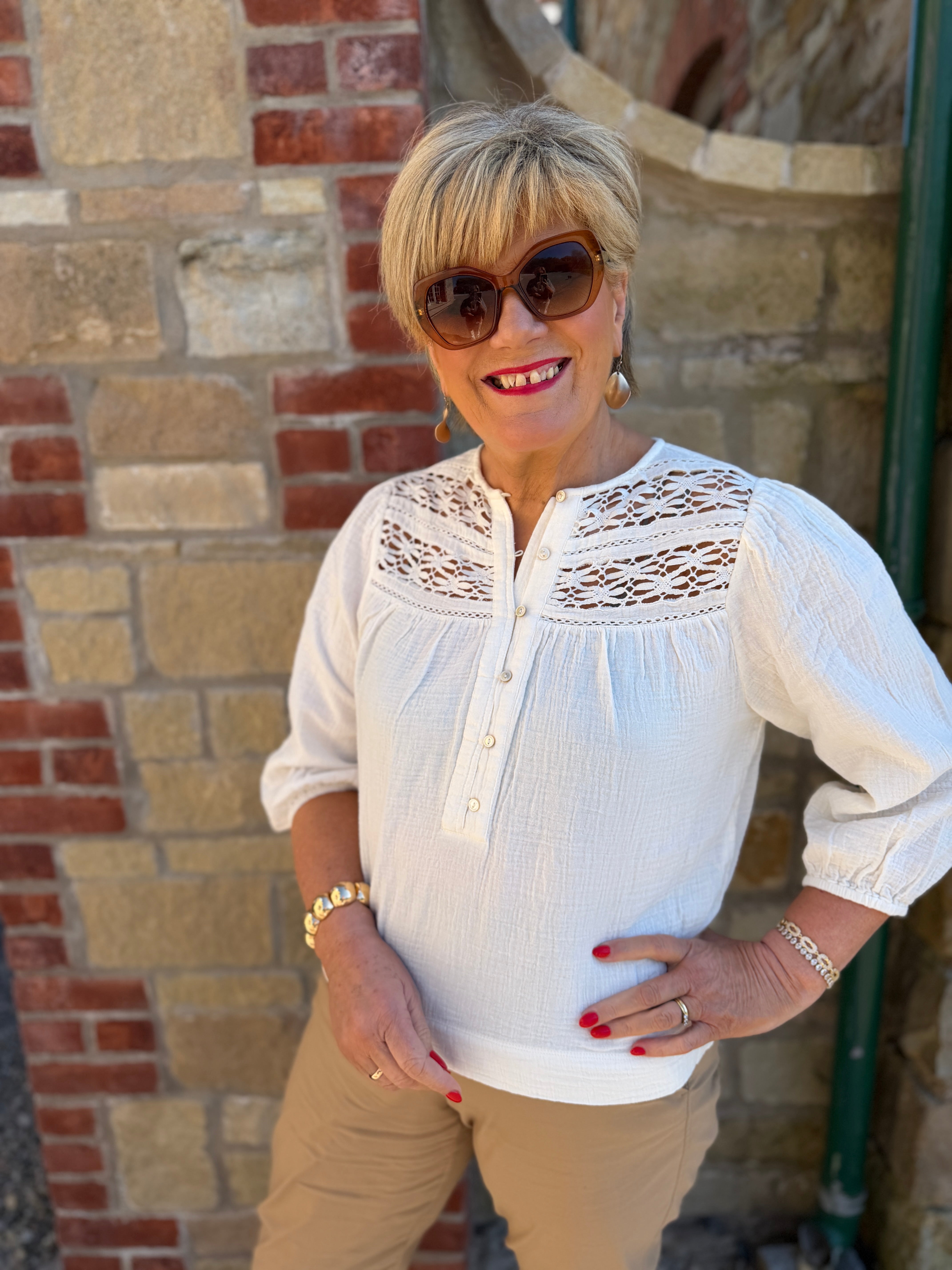 Saint Tropez open work blouse in Ice White