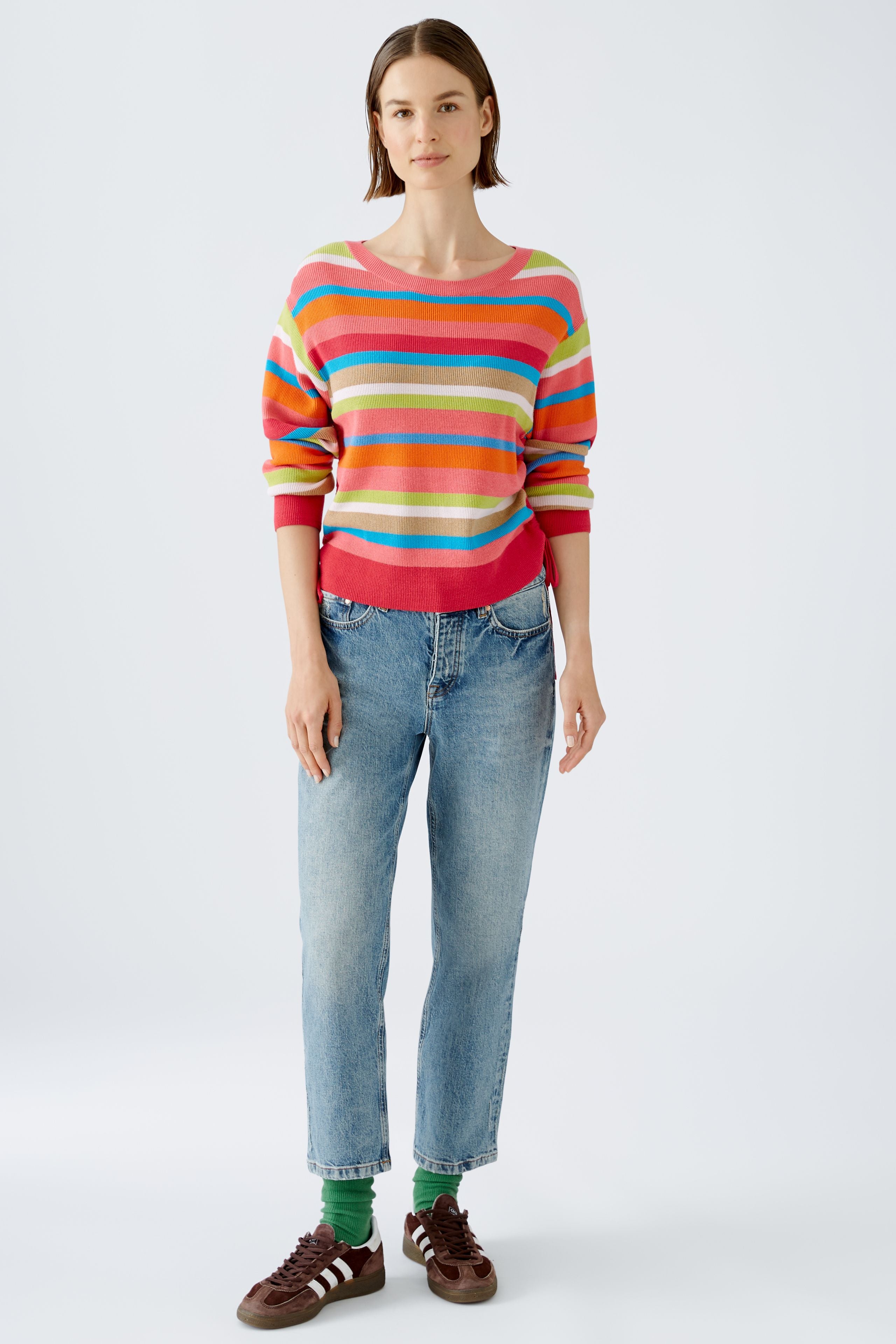 Oui Ribbed Striped Tie Jumper In Multi