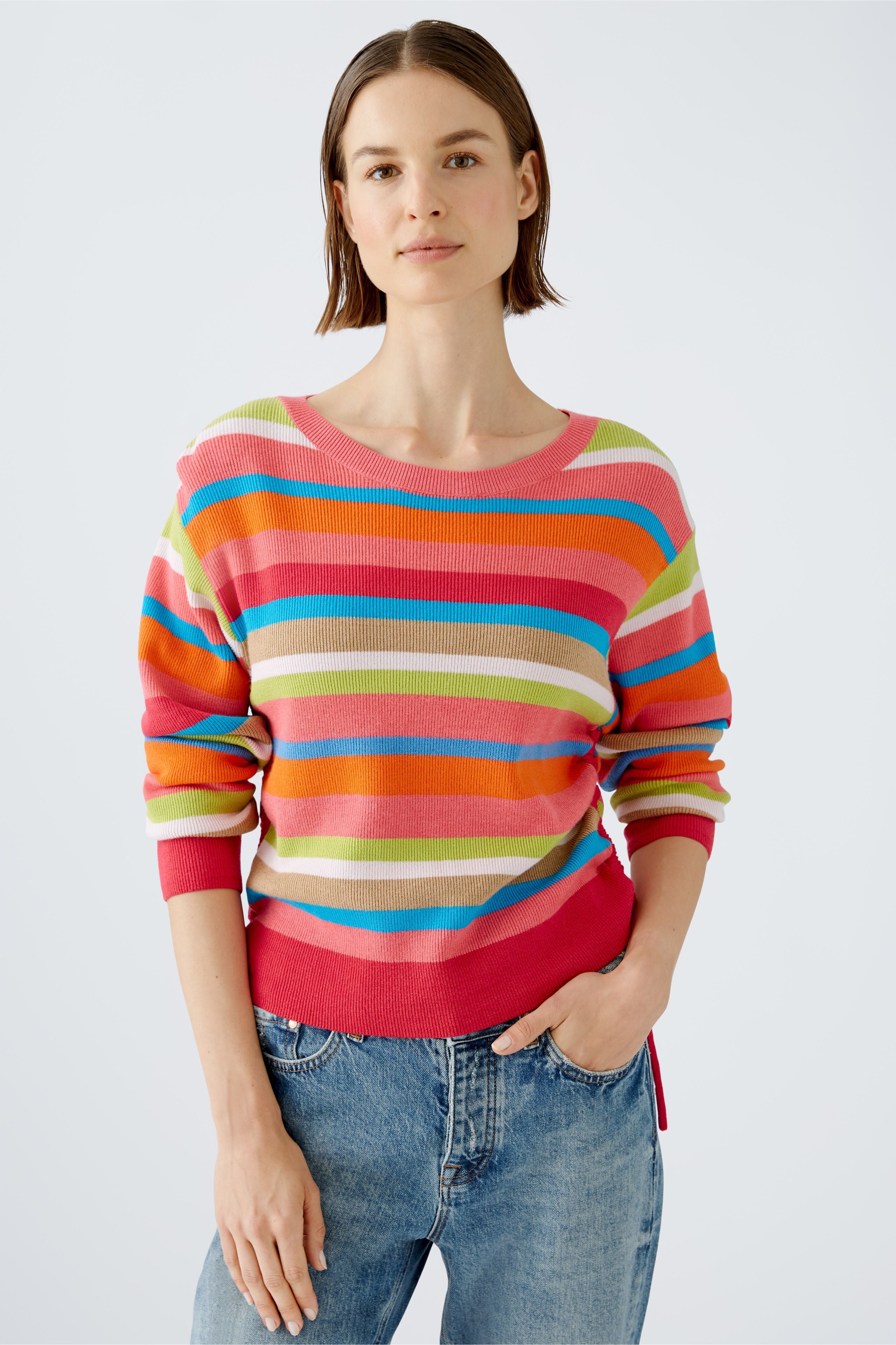 Oui Ribbed Striped Tie Jumper In Multi