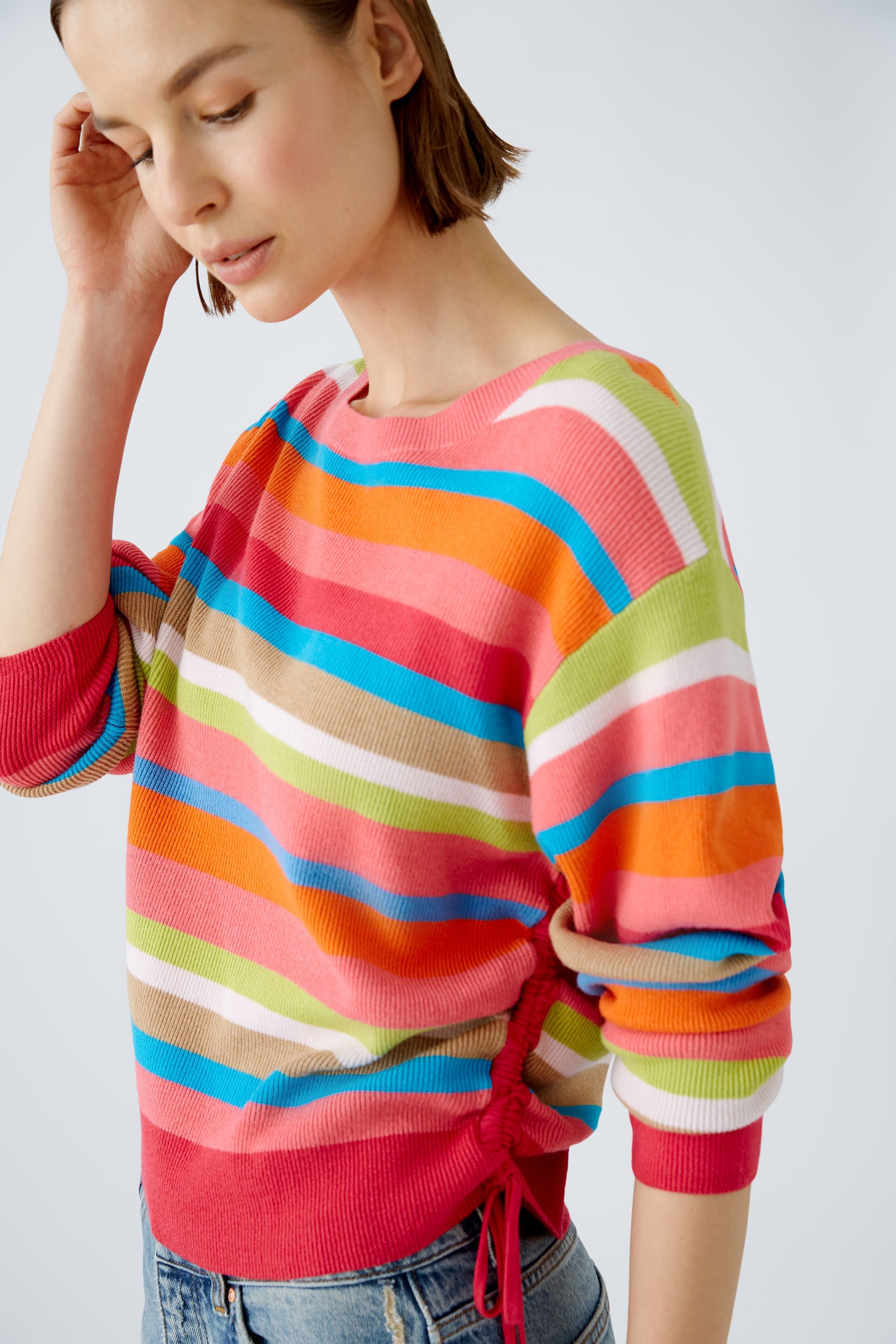 Oui Ribbed Striped Tie Jumper In Multi