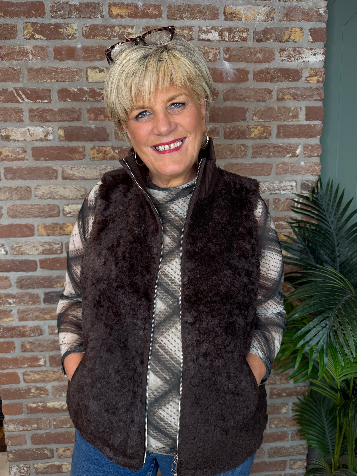 Curly fur vest gilet in auburn brown