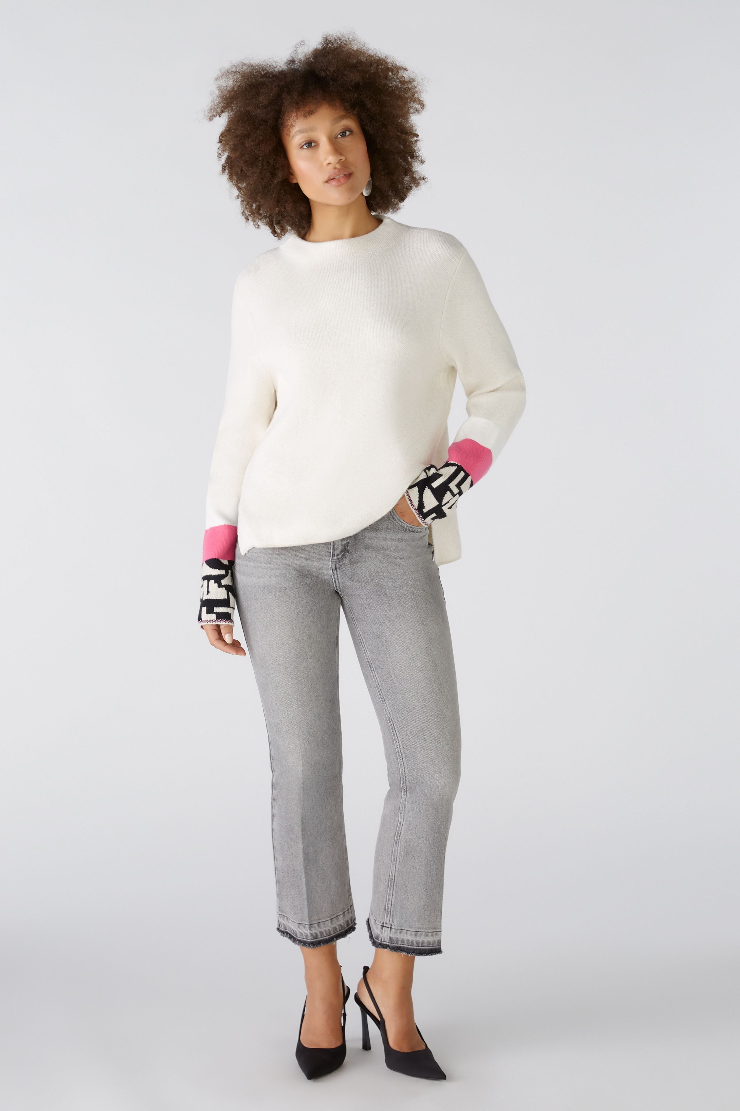 Oui Jumper With Jacquard Sleeve In Off White