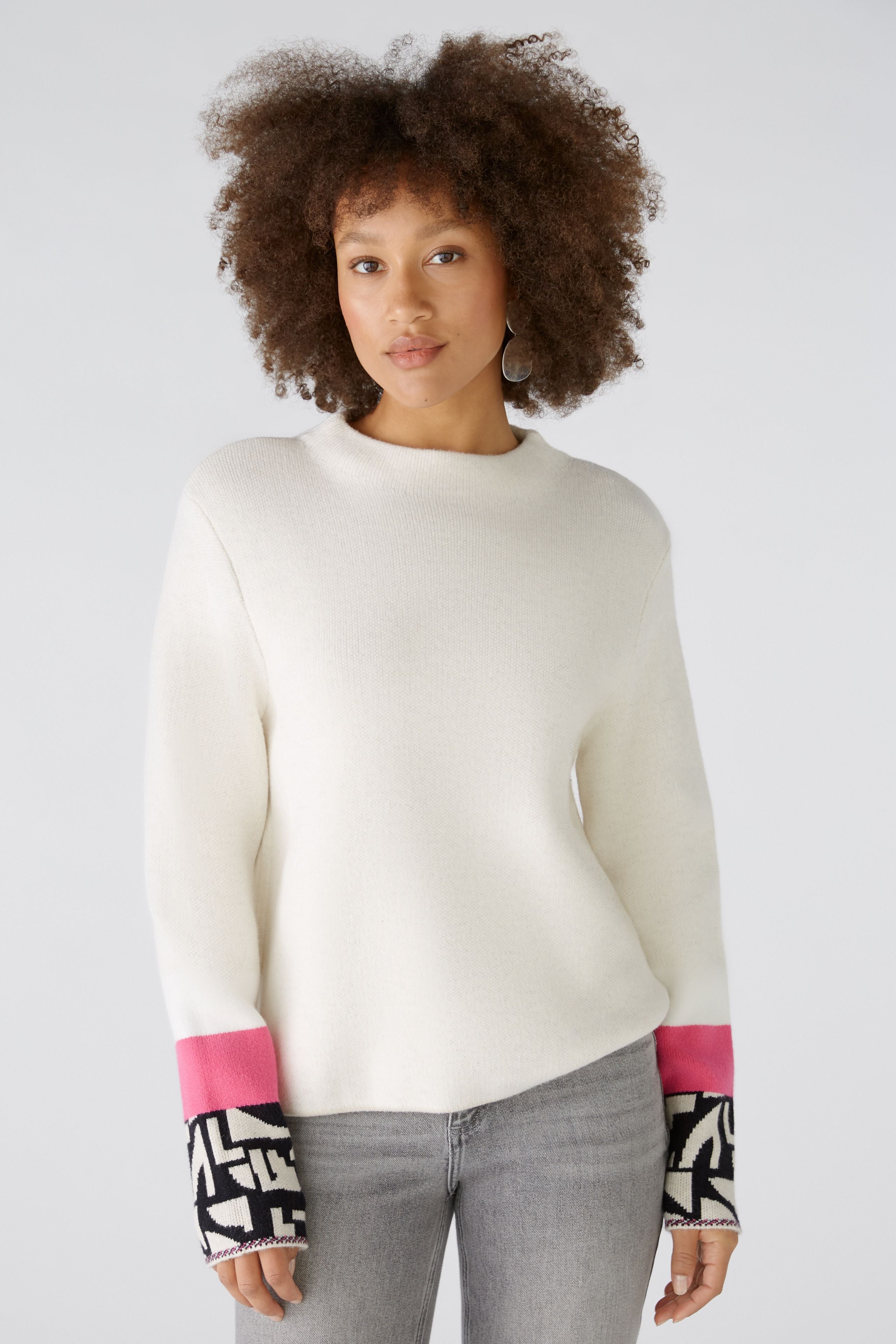 Oui Jumper With Jacquard Sleeve In Off White