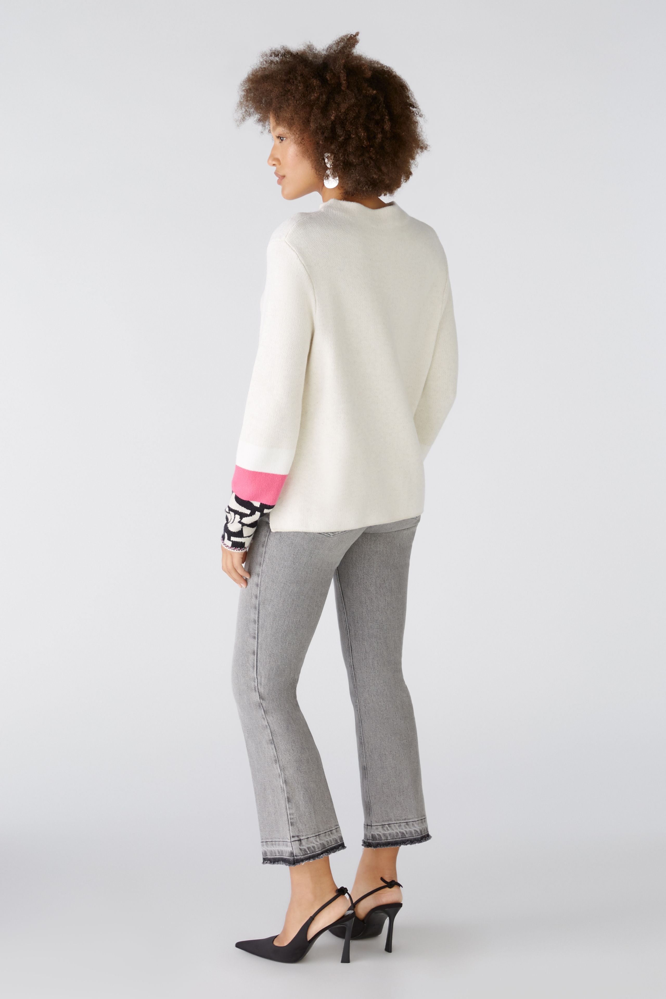 Oui Jumper With Jacquard Sleeve In Off White