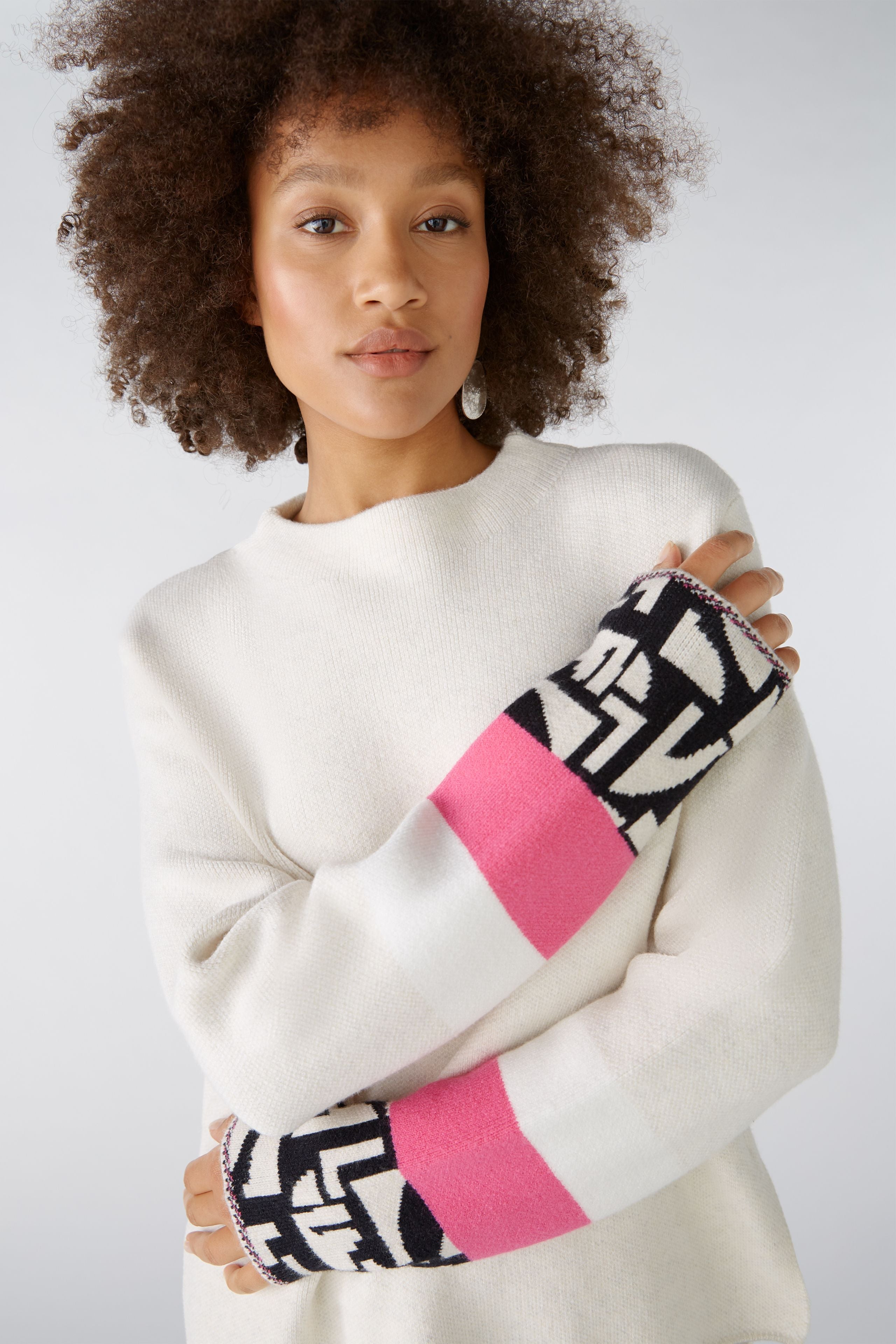 Oui Jumper With Jacquard Sleeve In Off White