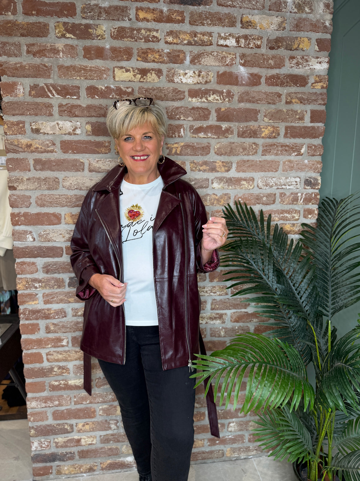 Faux leather biker style jacket in Burgundy