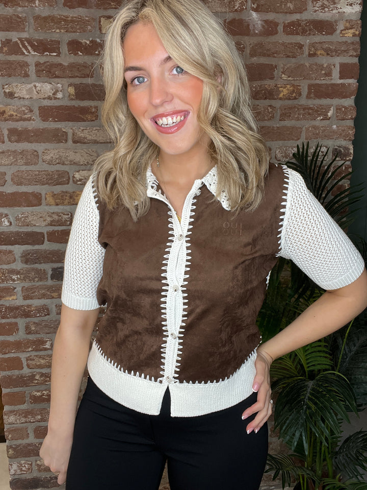 Oui Knit Jacket In White & Brown