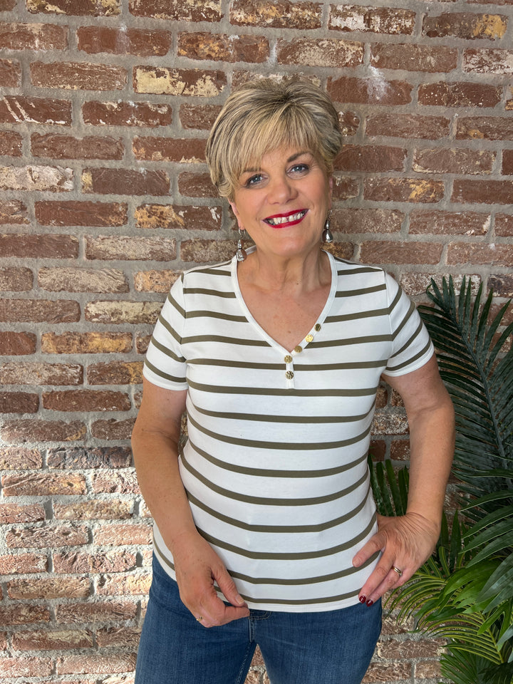 Oui Striped T-shirt In White & Khaki