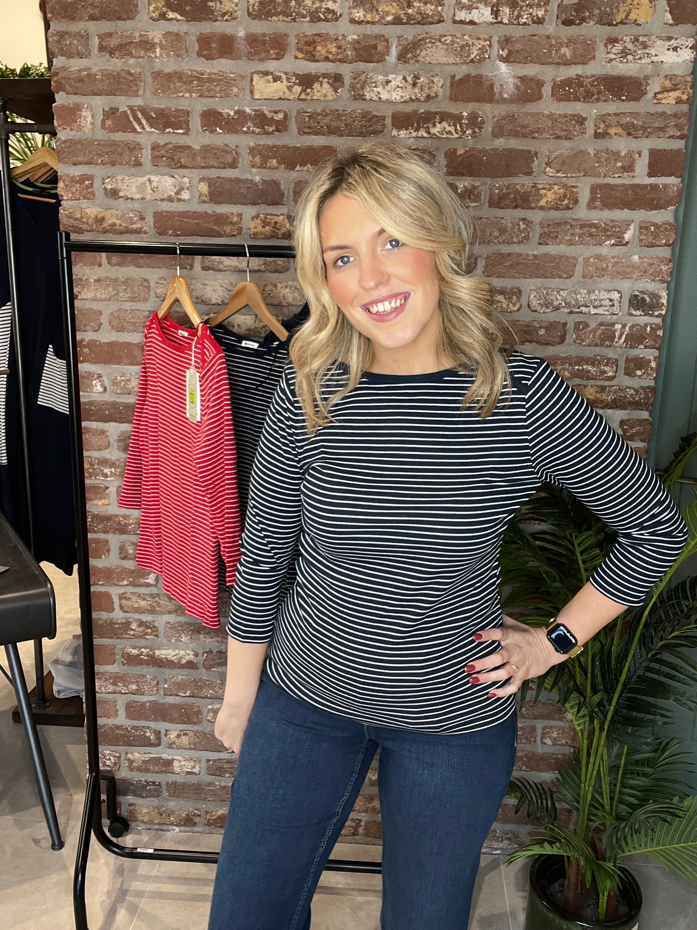 Street One Boat Neckline Striped Top In Navy