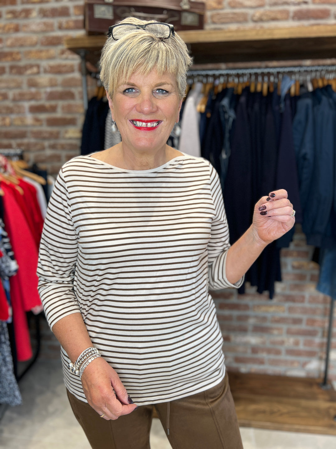 Cecil Basic Striped Top In Oat Milk Beige