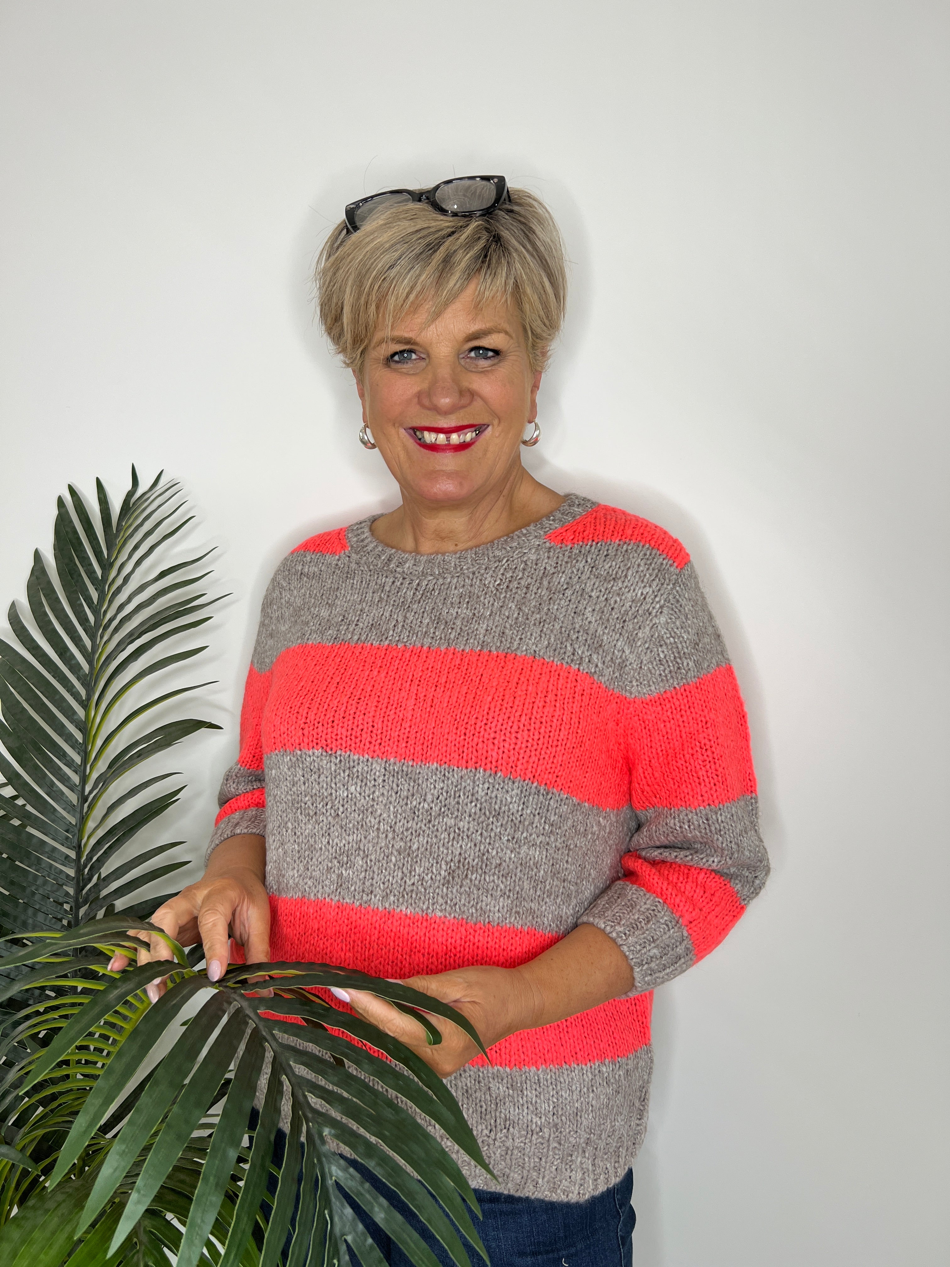 Oui Esmy Striped Pullover In Brown Rose