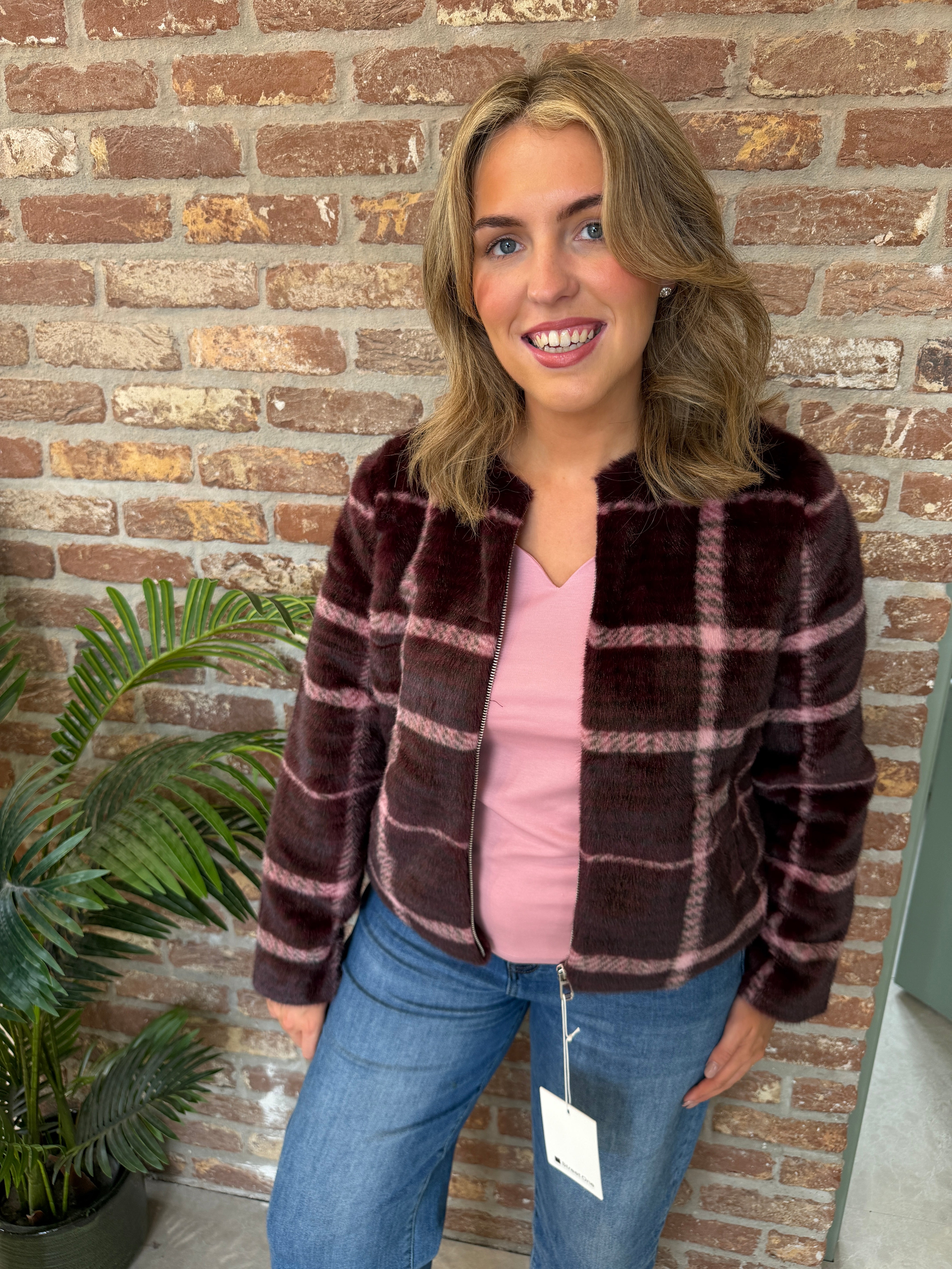 Checked faux fur jacket in rustic rouge