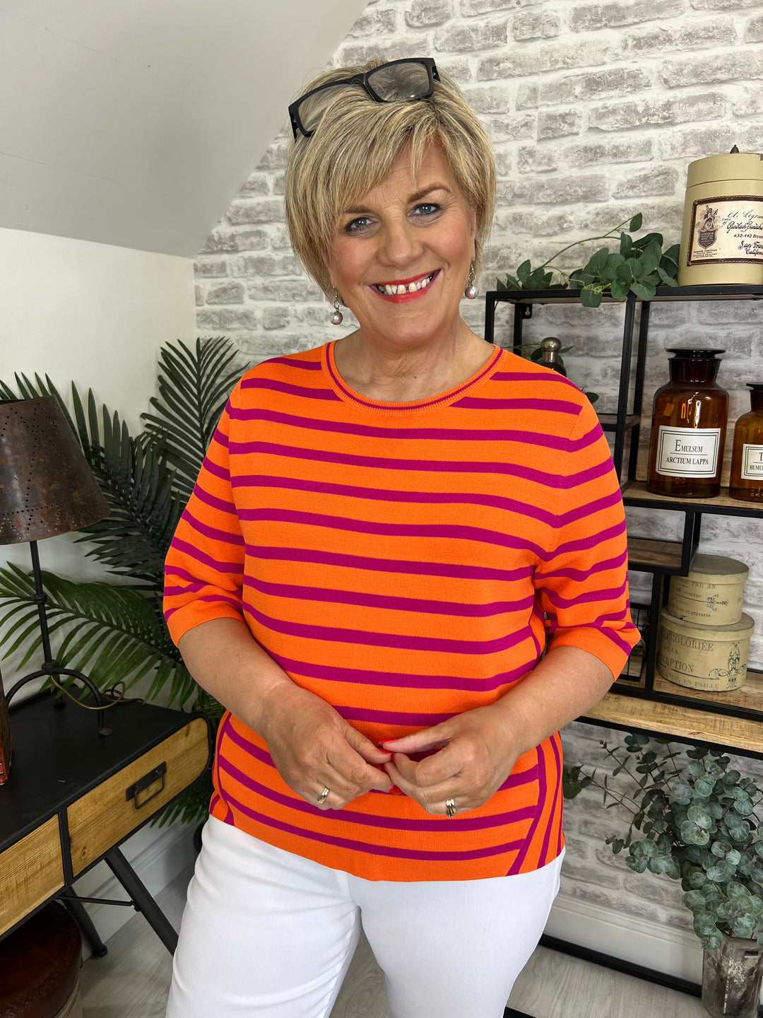Oui Striped Knitted Pullover In Orange & Pink