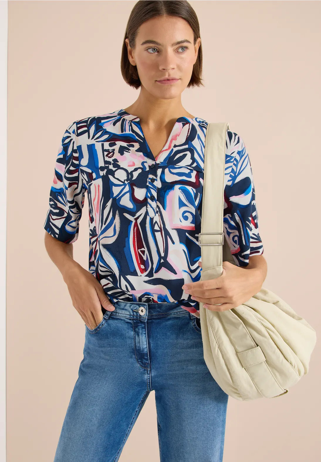 Cecil split neck print blouse In Universal Blue