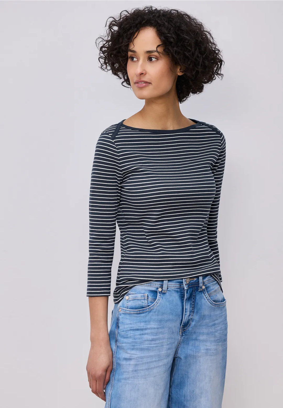 Street One Boat Neckline Striped Top In Navy