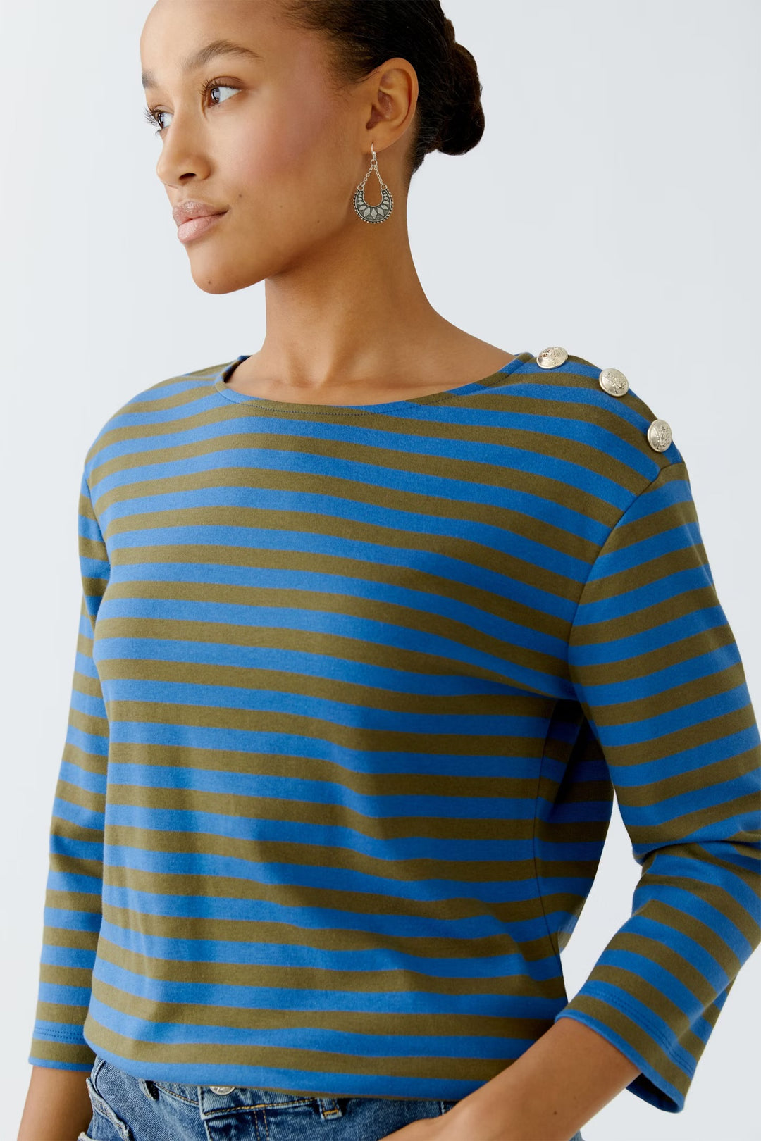 Oui Sunala Top In Khaki & Blue