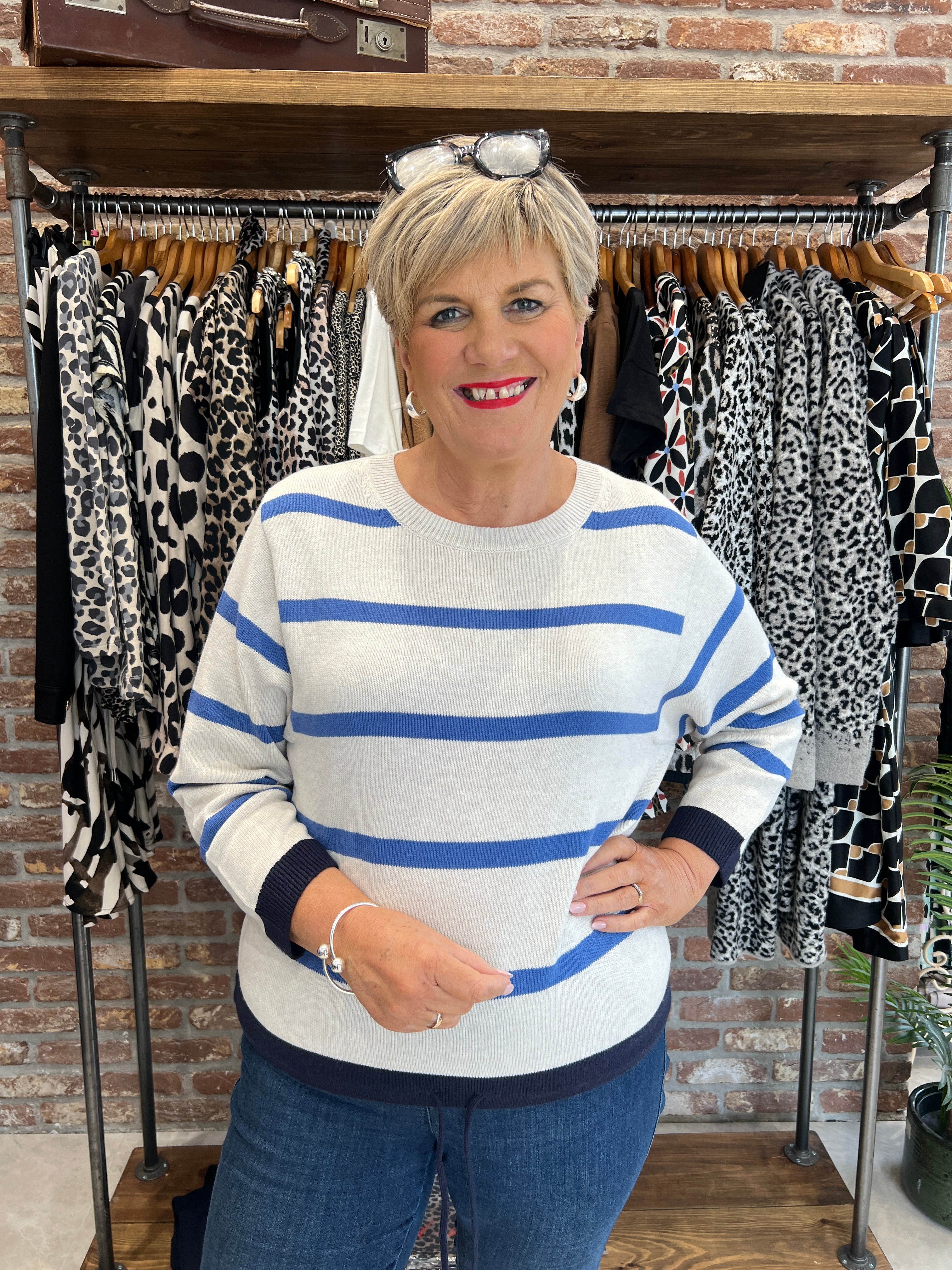 Oui Stripe Pullover In Off White & Blue