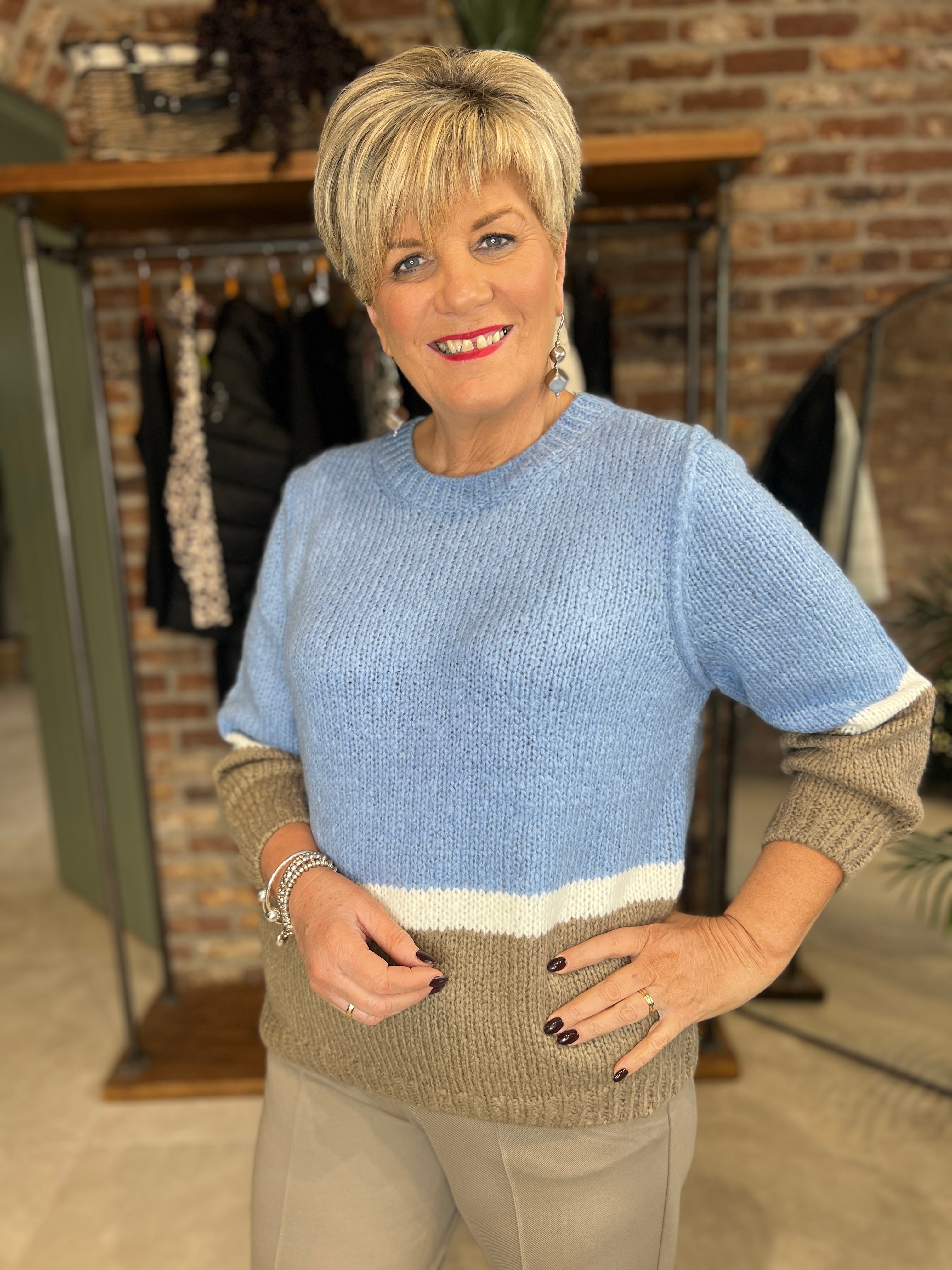 Oui Block Striped Pullover In Blue & Green