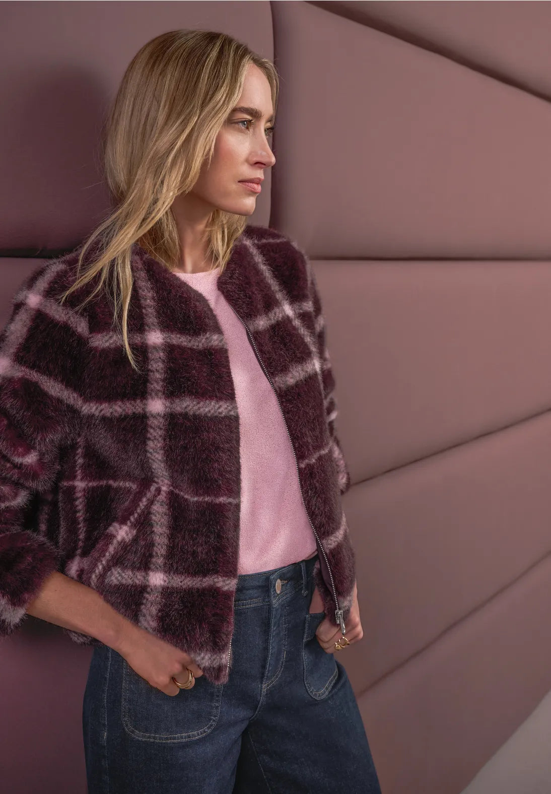 Checked faux fur jacket in rustic rouge