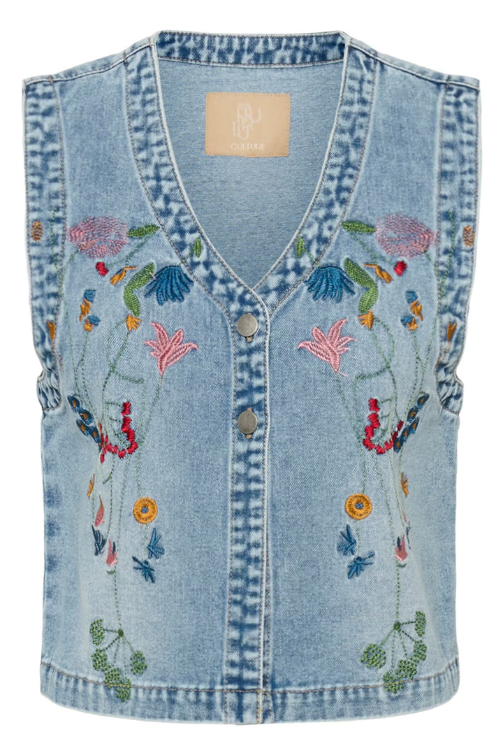 Culture Embroidery Waistcoat In Light Wash