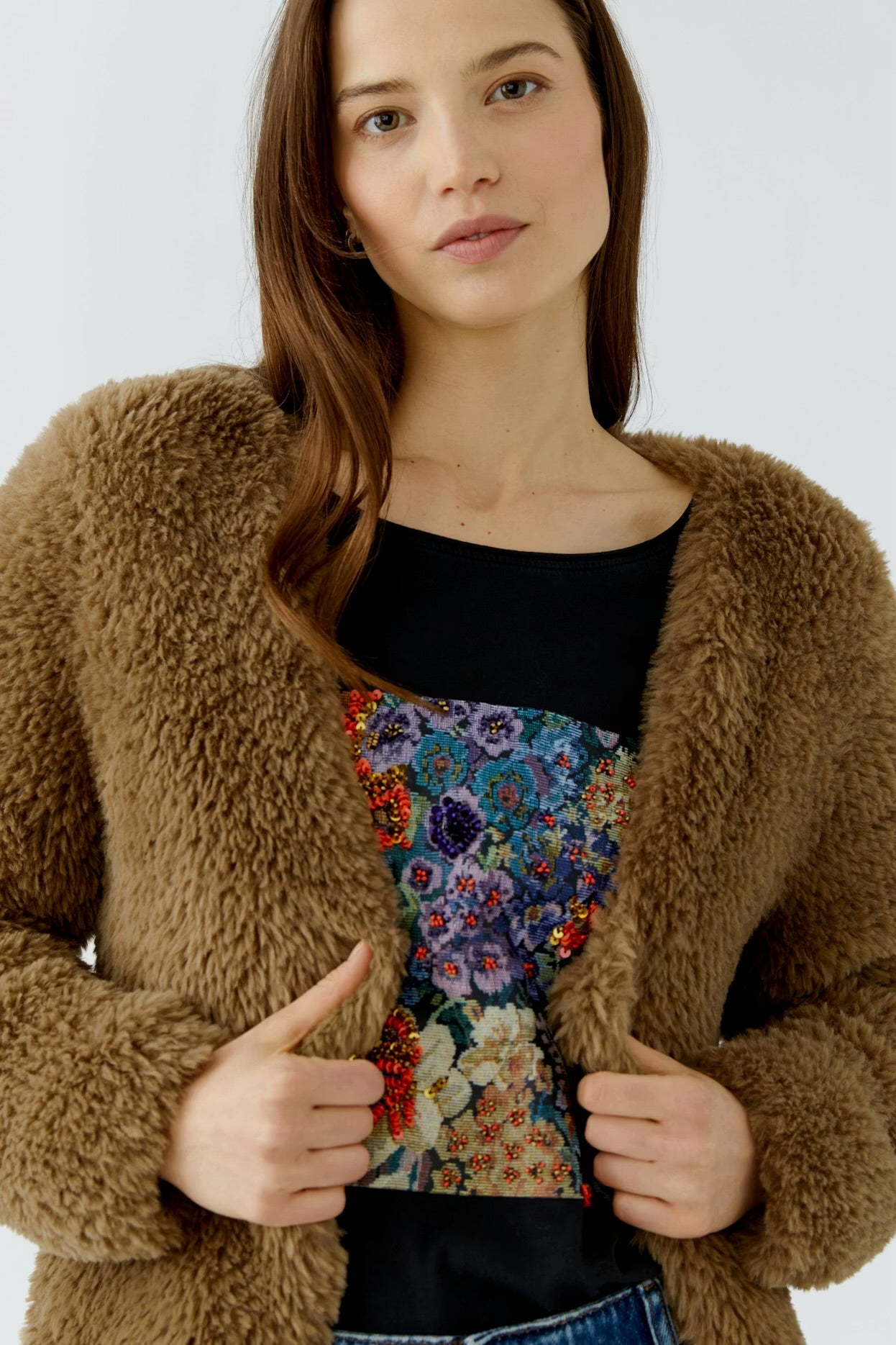 Oui Faux Fur Cardigan In Brown
