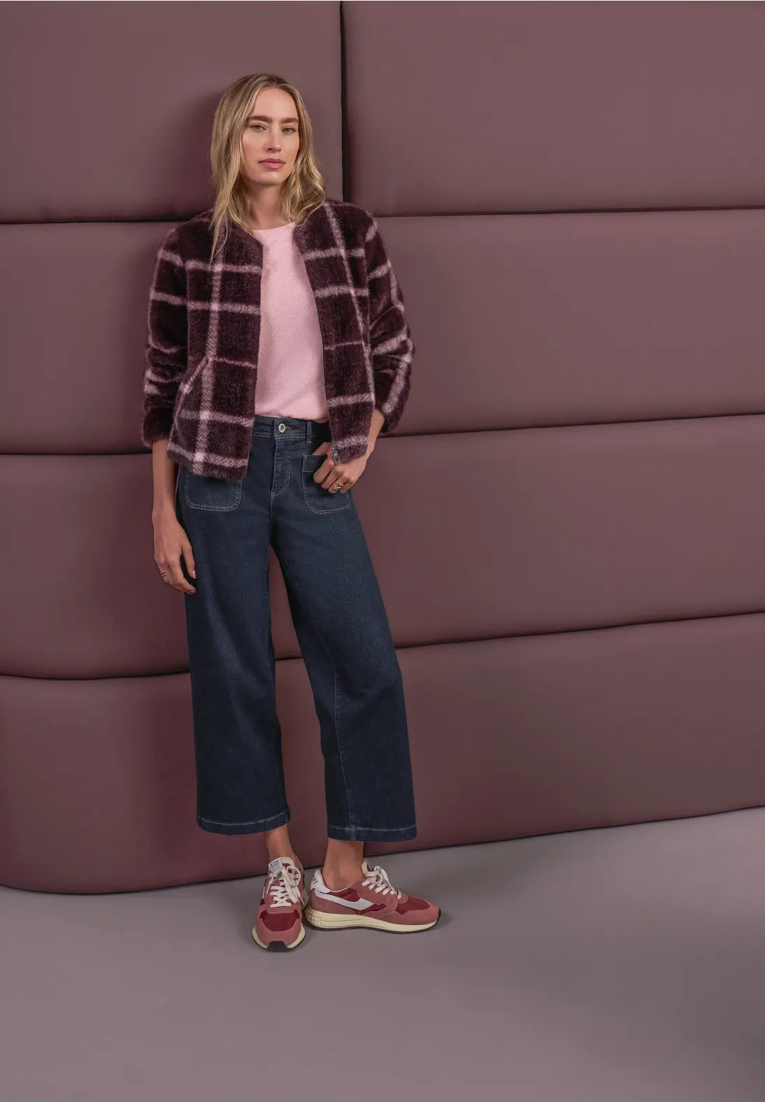 Checked faux fur jacket in rustic rouge