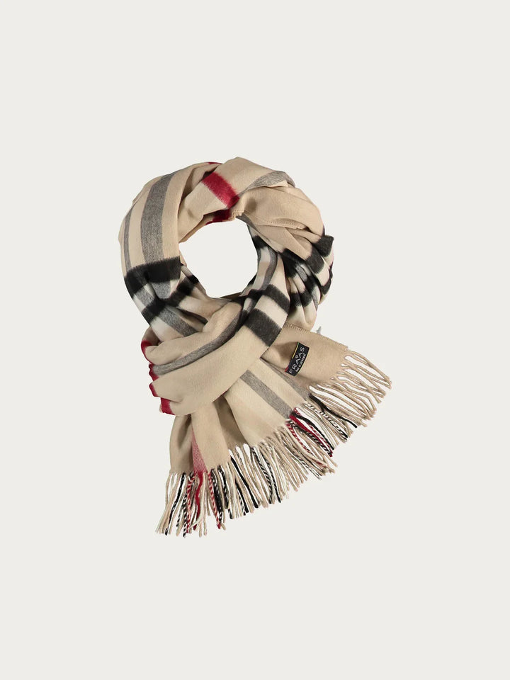 Cashmink Wide Plaid Patterned Scarf In Latte