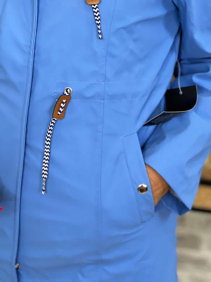Hailey Long Striped Lined Rain Jacket In Blue