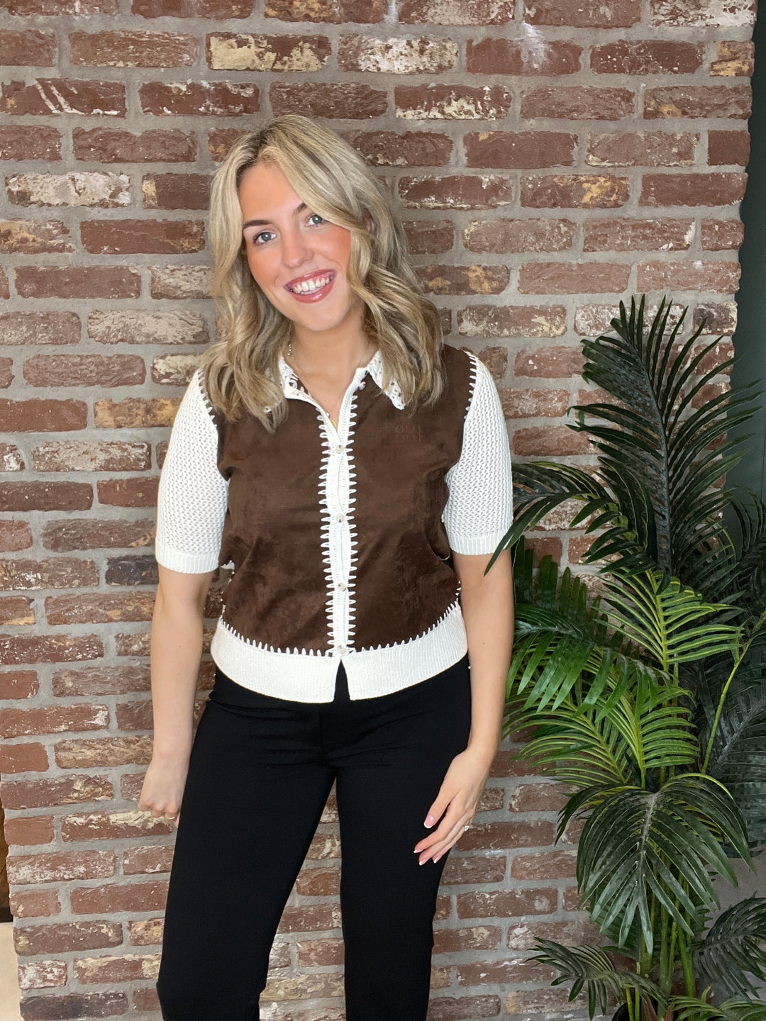 Oui Knit Jacket In White & Brown