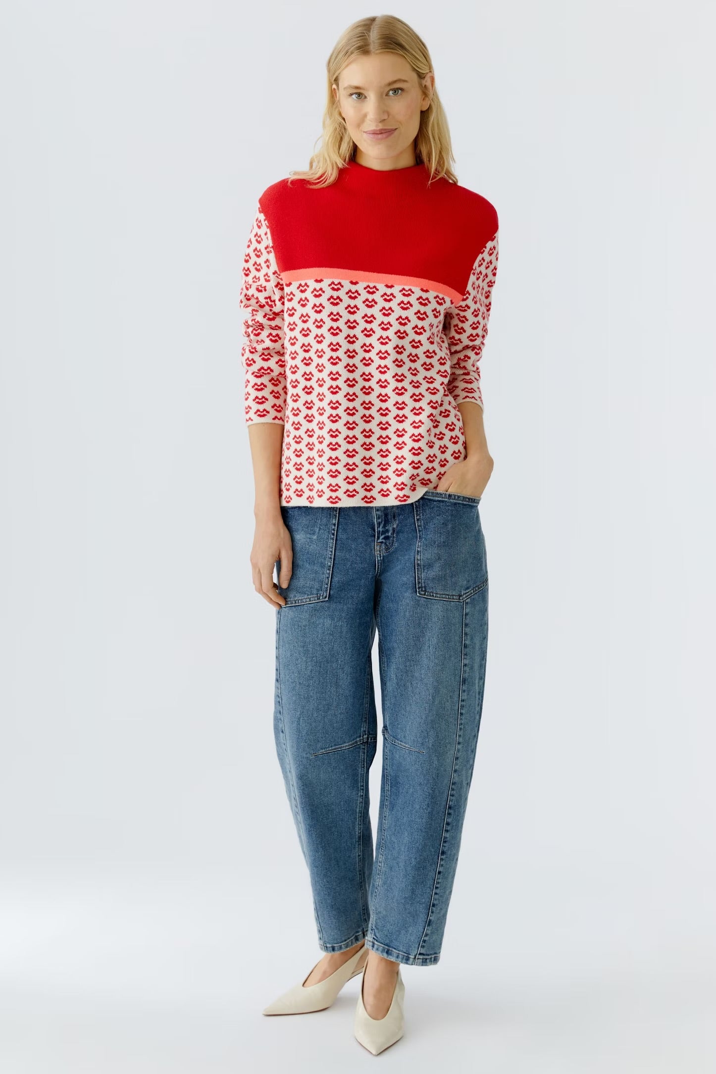 Oui Pullover With Jacquard Motif In White & Red