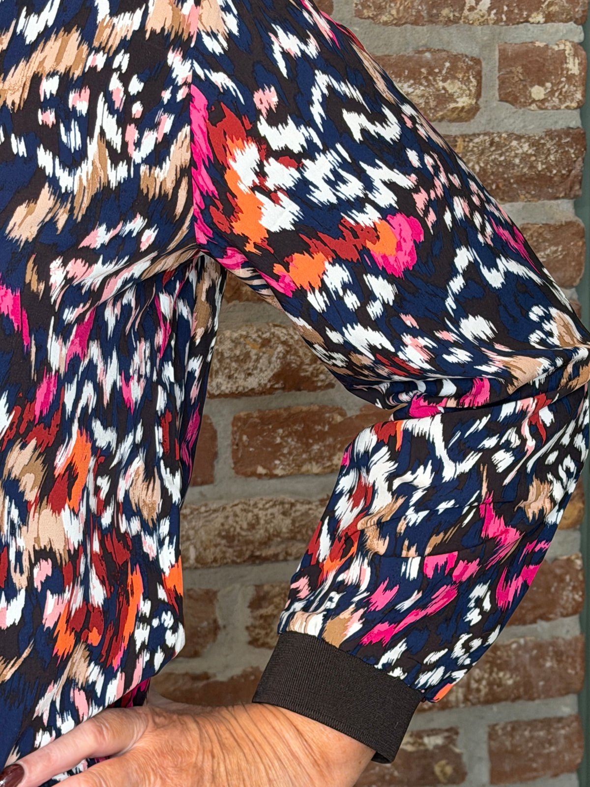 Split neck patterned blouse in truffle brown