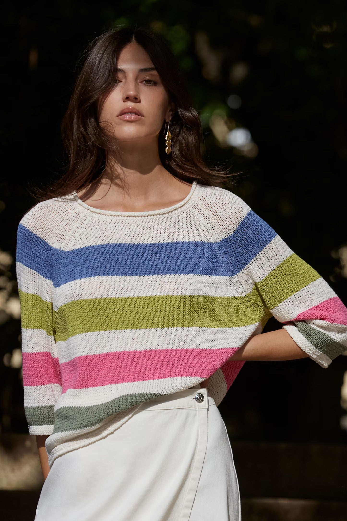 Oui Striped Pullover In White & Green