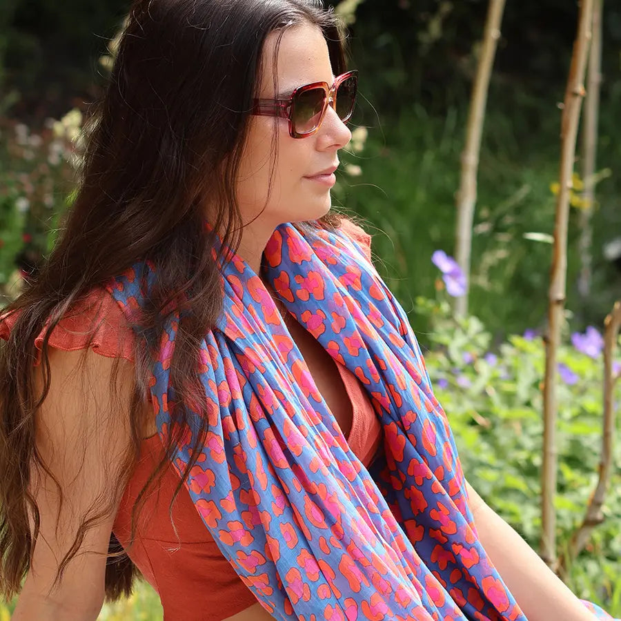 Pom Camo Print Scarf In Pink & Blue