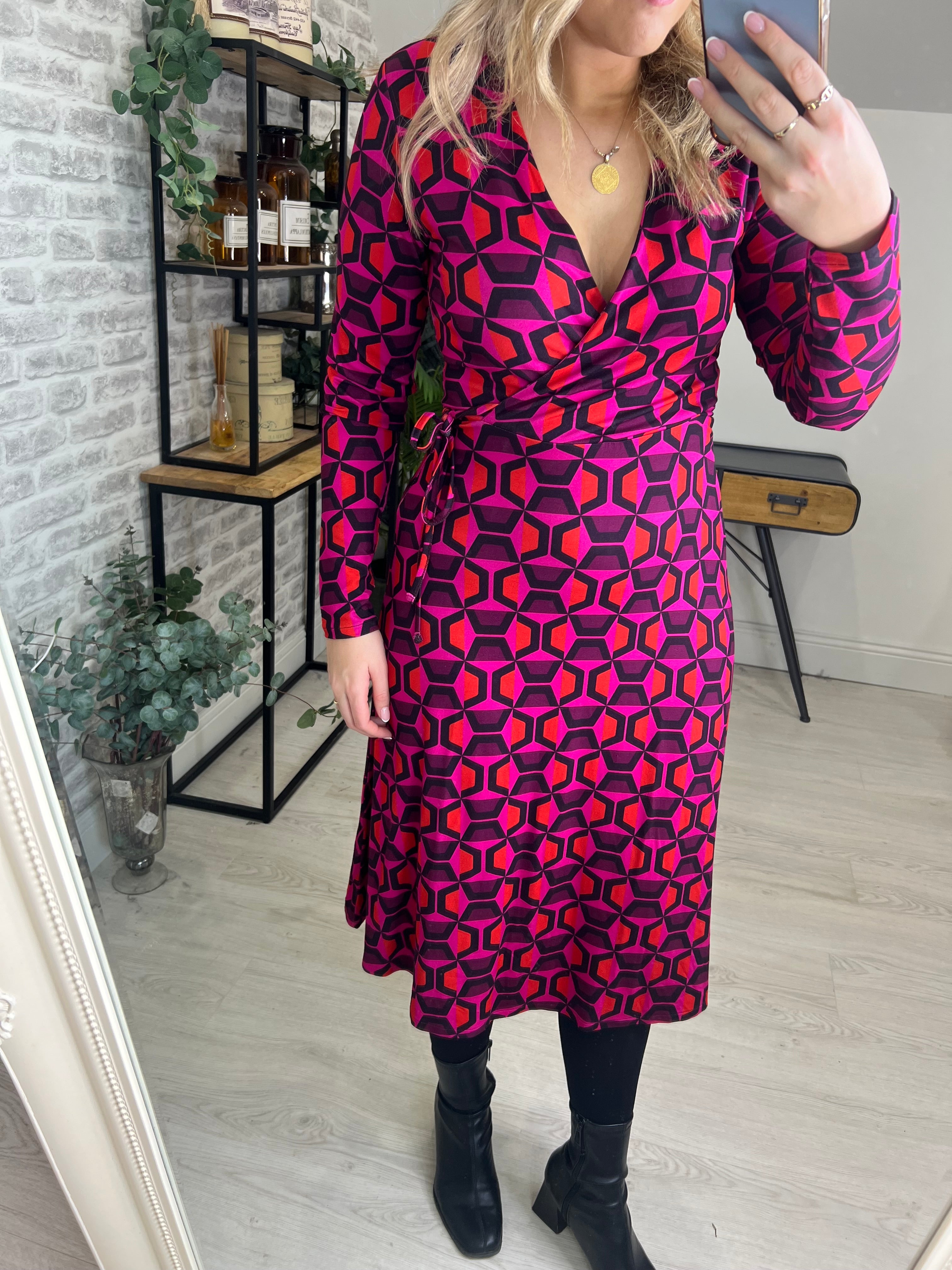 Milano Italy Wrap Over Dress In Berry Print